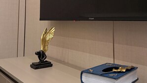 A flat-screen TV mounted on a wall, a statue of an angel with wings, and a stack of books on a table. - 103 tara-JRE Al Lweibdeh 2BDR duplex apartment (Amman)