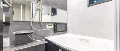 Hair dryer, bidet, towels, soap