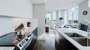 A modern kitchen with a stainless steel stove, a sink, and a city view. - Epic River Valley View | 20th floor | Near Rogers (Edmonton)
