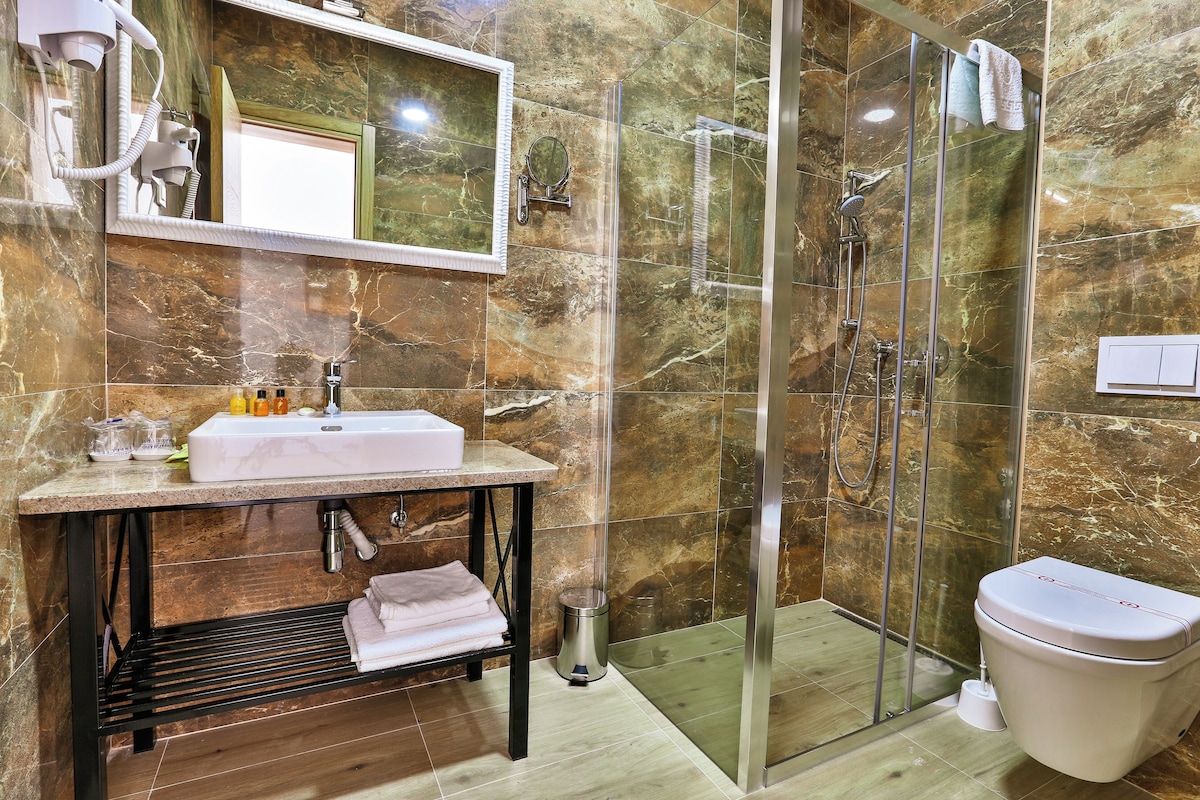 Une salle de bain avec un lavabo en marbre, une cabine de douche en verre et des toilettes.