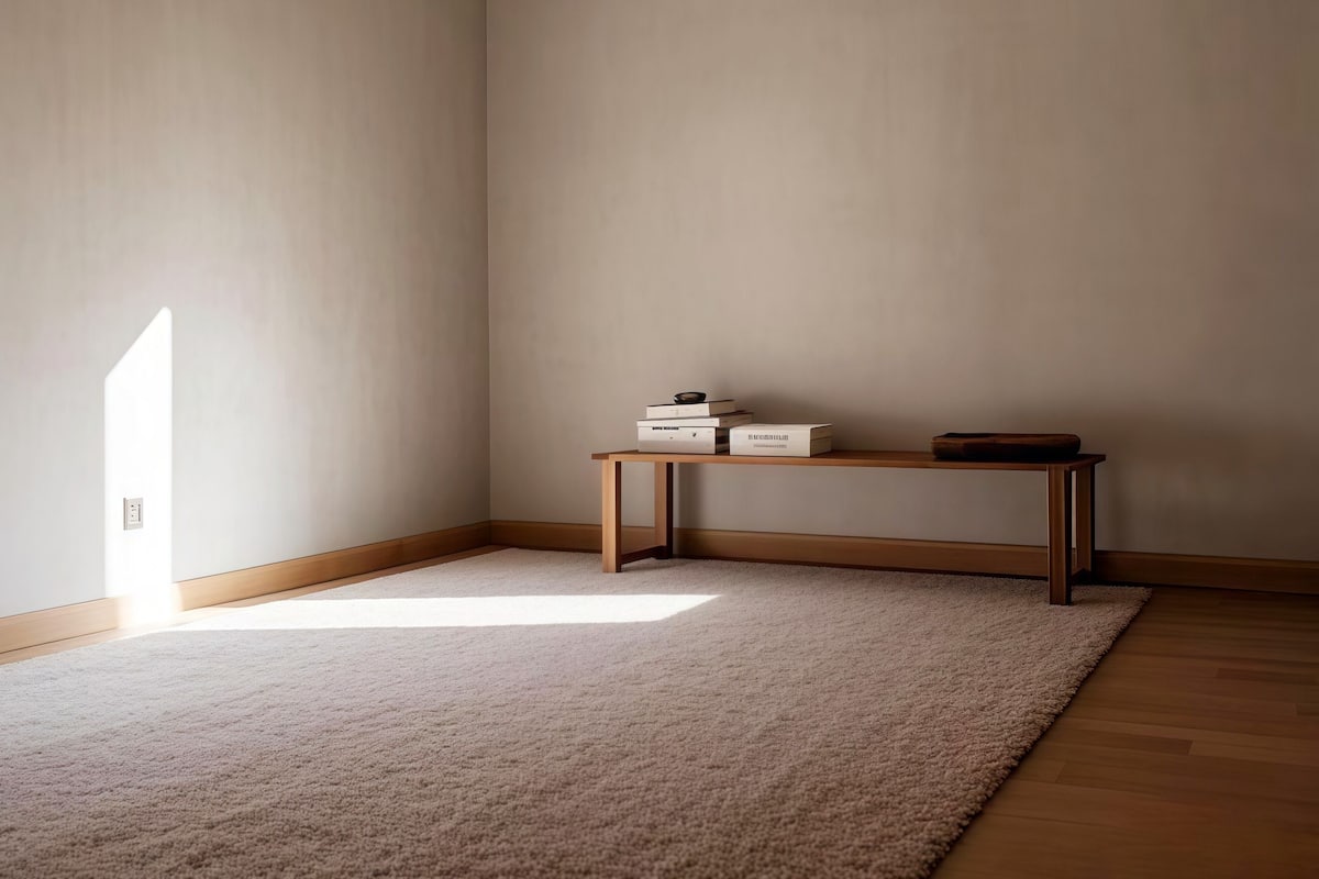 Ein Eckzimmer mit einer hölzernen Bank, einem weißen Teppich und einem kleinen Tisch mit Kartons.