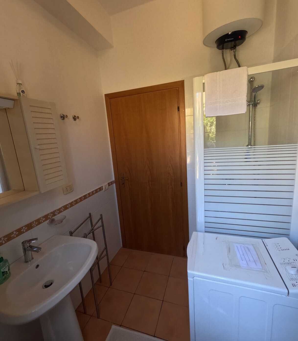 A bathroom with a sink, mirror, wooden door, and a washing machine.