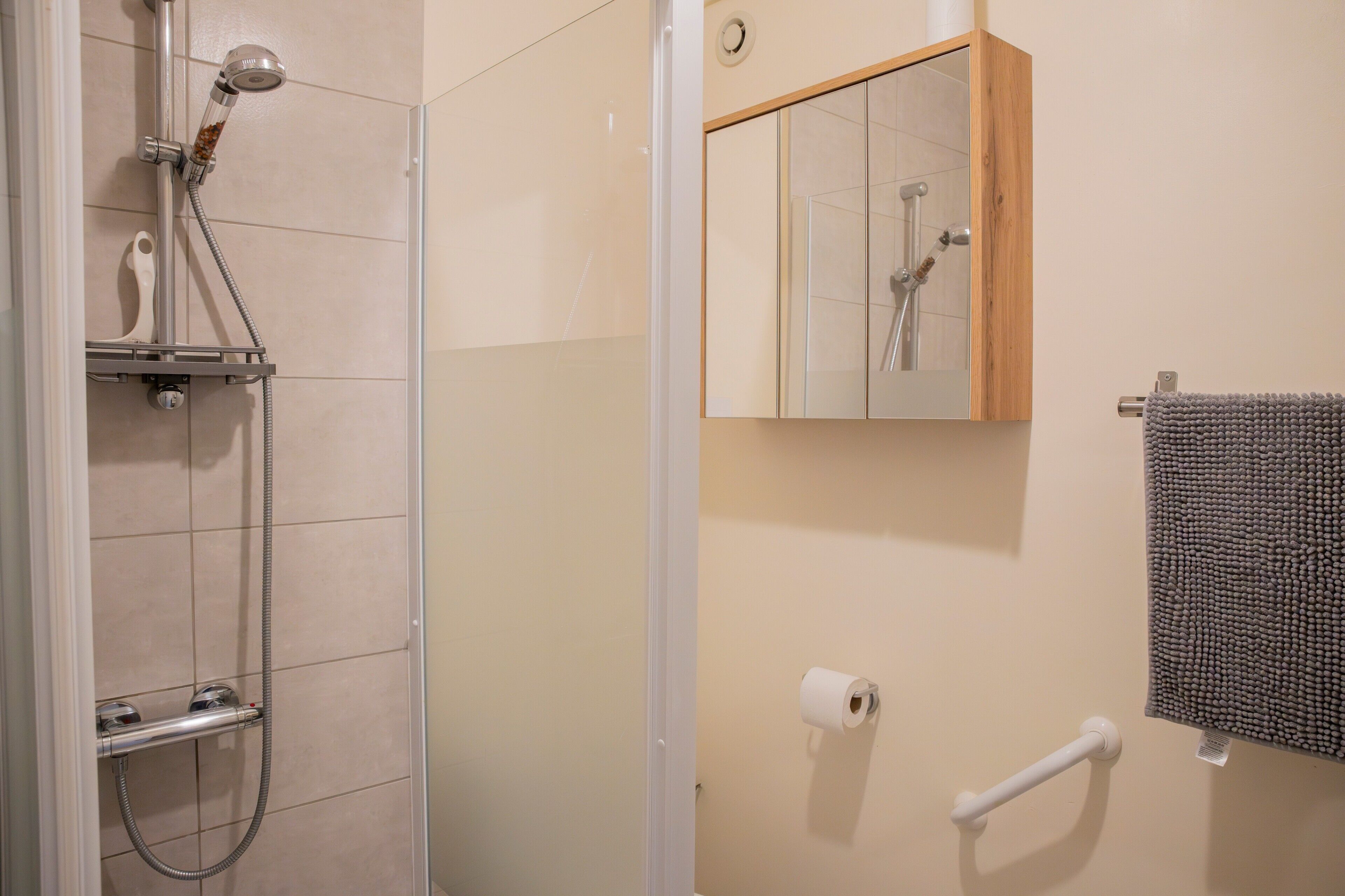 A bathroom with a shower, toilet paper, a towel rack, and a mirror.