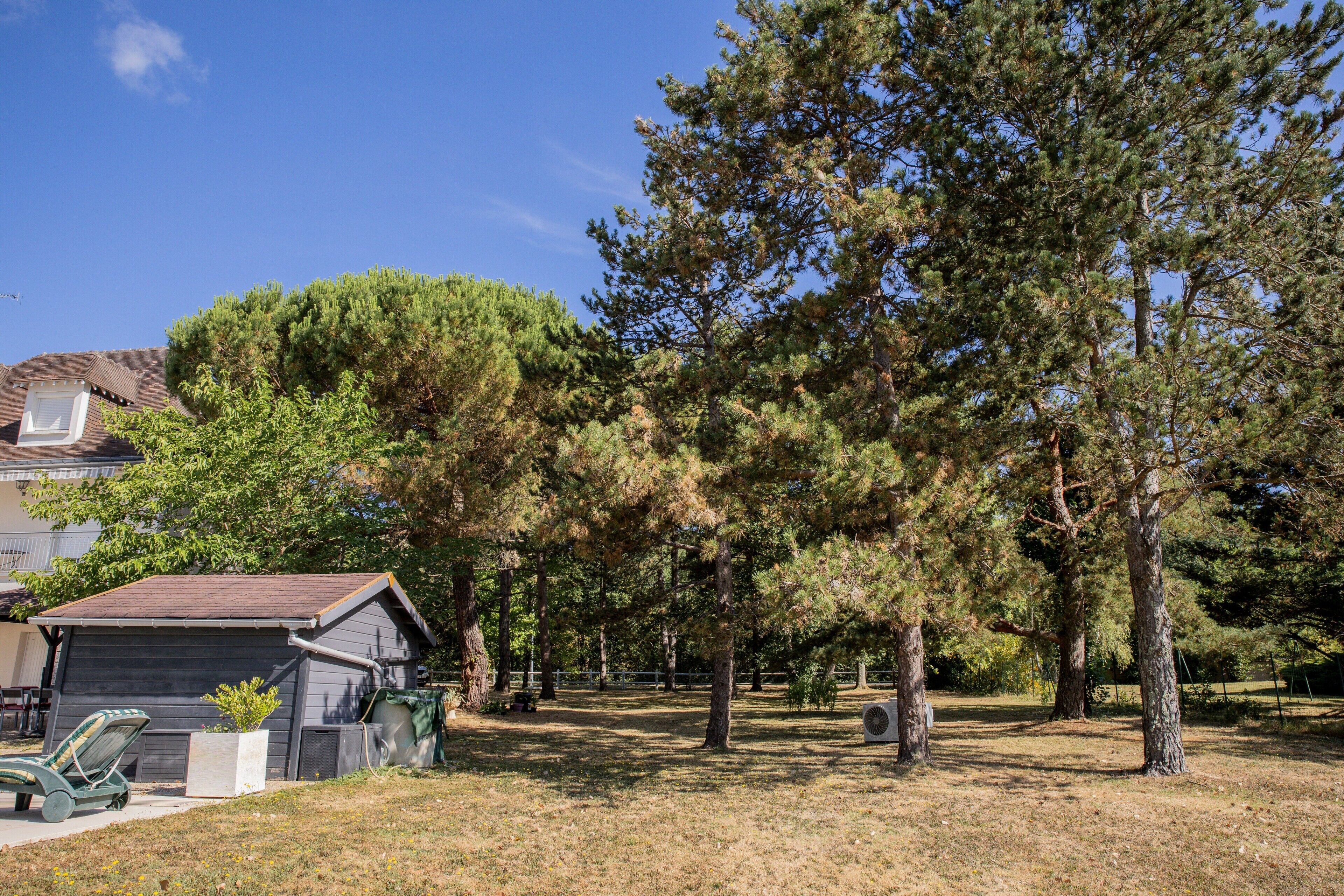 A residential area with a garage, a lawn, and several trees.