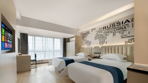 A hotel room with two beds, a large window, a wall map, and a TV on the left. - H Hotel Xi'an Bell Tower Muslim Quarte (Xi'an)