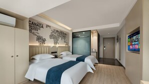 A modern hotel room with two beds, a wall map, a TV, and a sliding door leading to a bathroom. - H Hotel Xi'an Bell Tower Muslim Quarte (Xi'an)