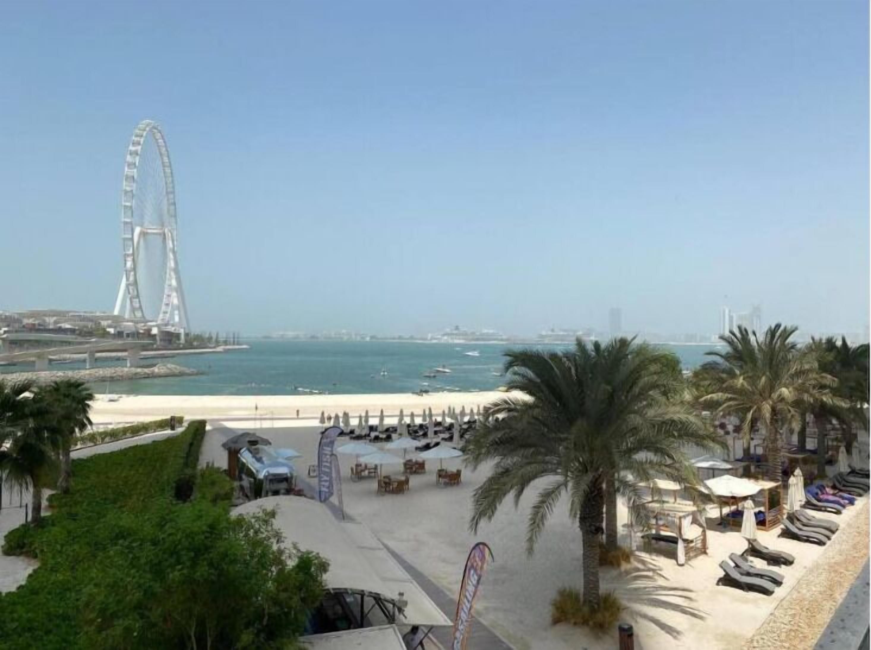 Une vue sur la plage avec une grande roue, des palmiers et un ciel dégagé.