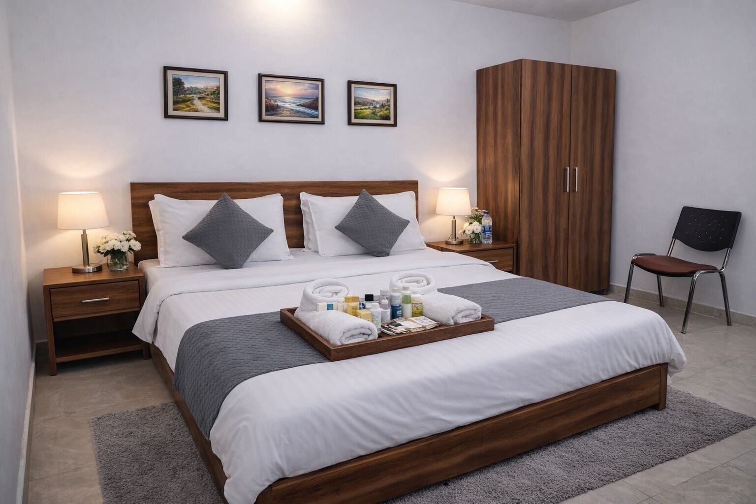 Habitación de hotel ordenada con cama, dos mesitas de noche con lámparas, armario de madera y tres cuadros en la pared.