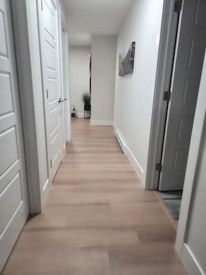 Un couloir avec des portes blanches, un plancher en bois et une plante en pot.