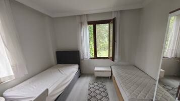 A bedroom with two single beds, a small bedside table, a chair, a window with curtains, and a patterned rug.