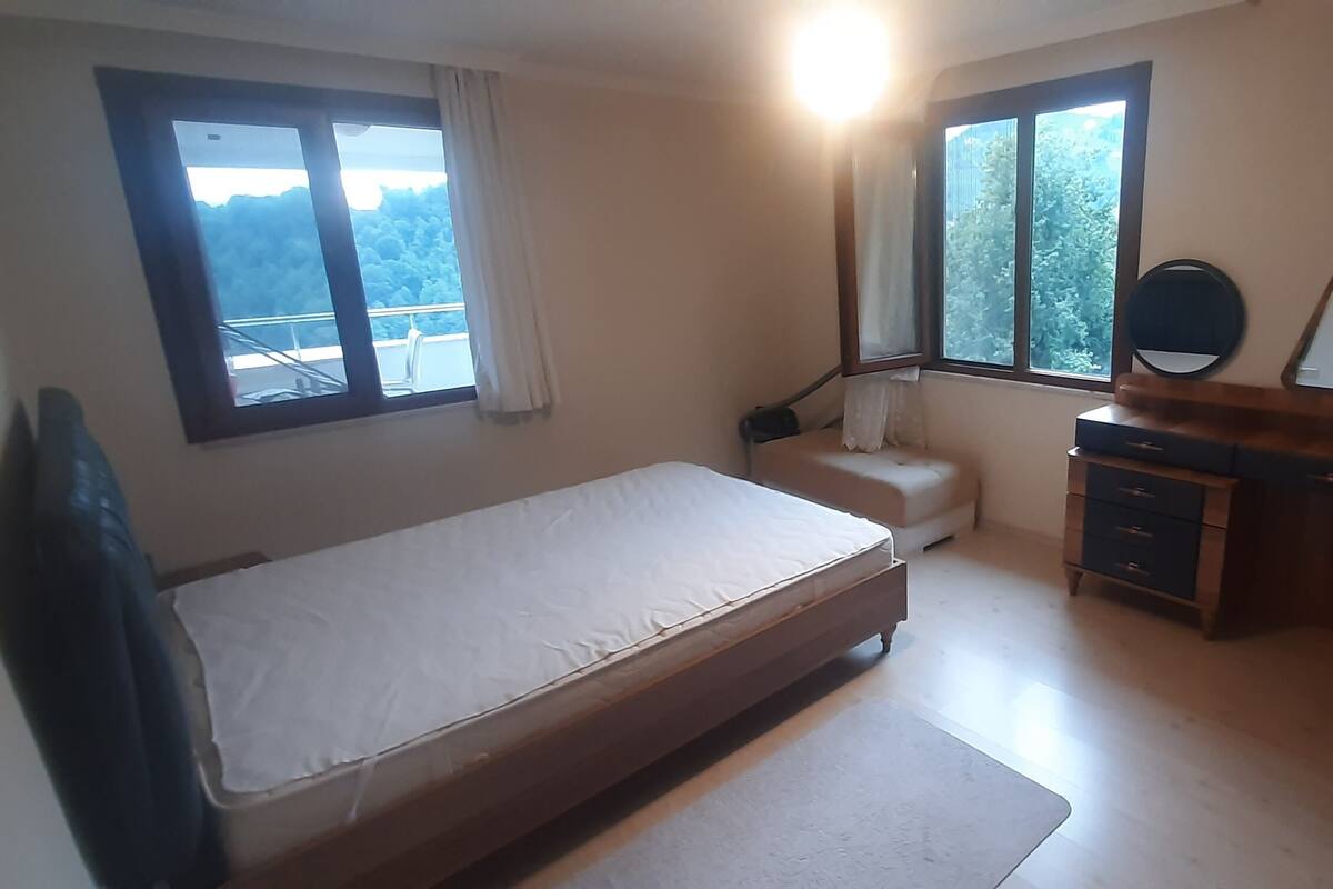 Une chambre à coucher avec un lit, une commode, un miroir et deux fenêtres avec des rideaux.