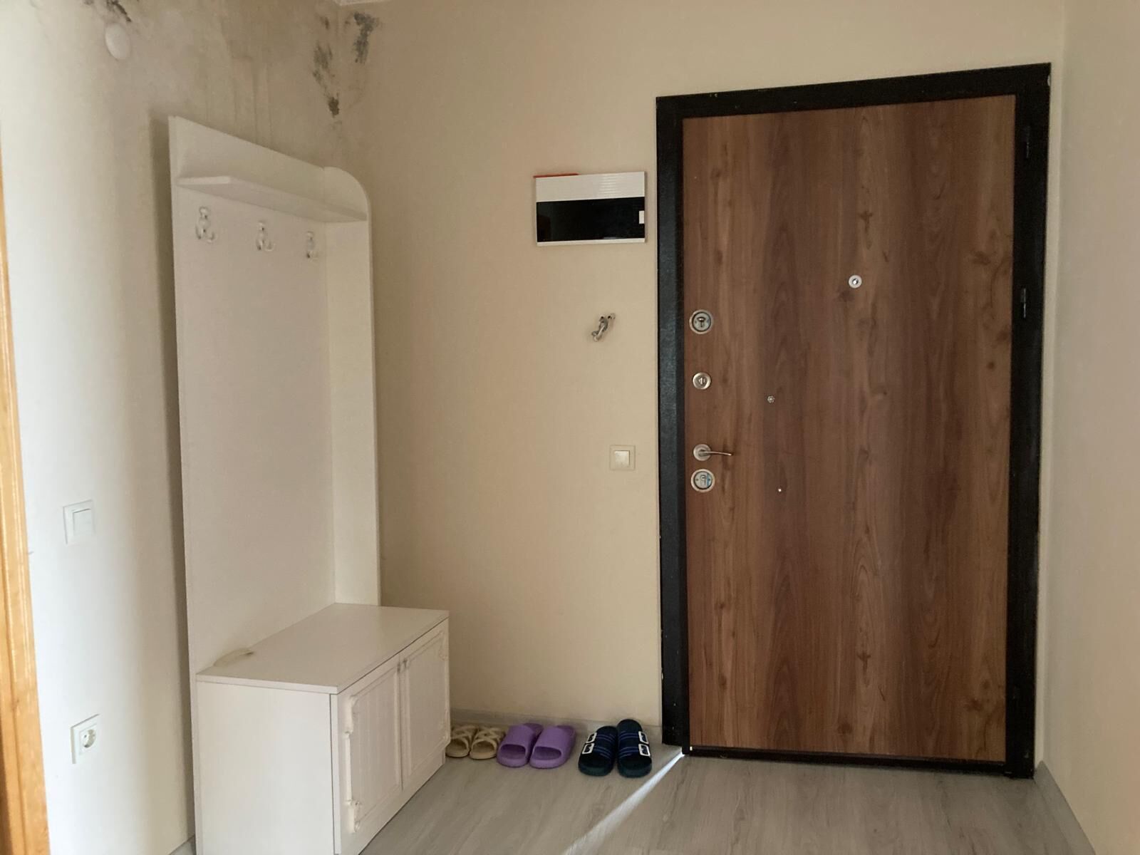Una habitación con una puerta de madera, un armario blanco y un estante pequeño.