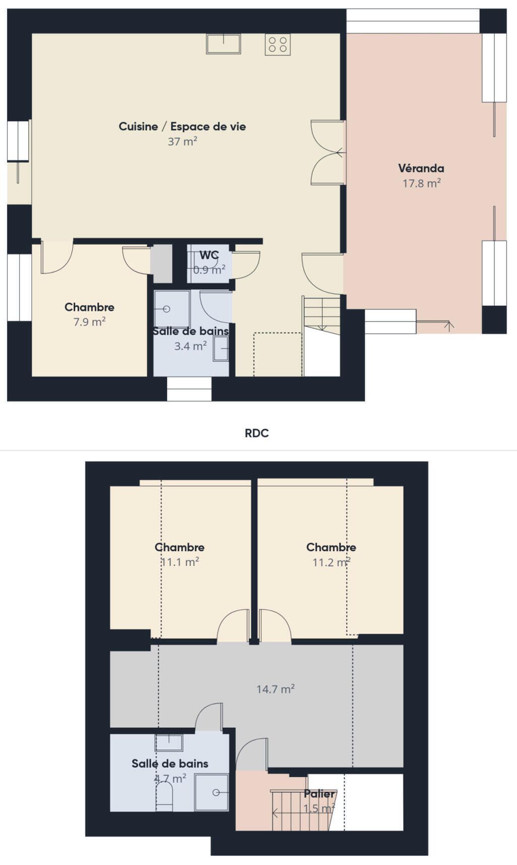 Plano de planta que muestra dos dormitorios, un baño, una cocina y un salón.