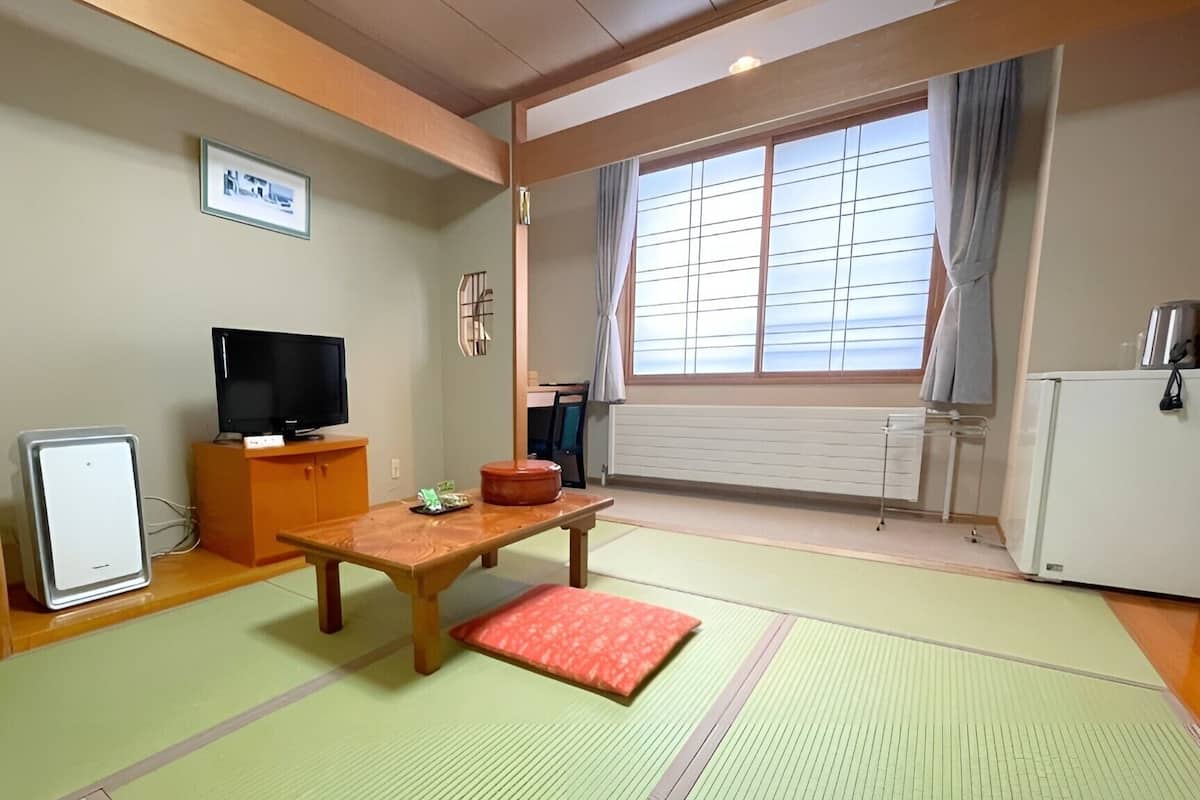 A room with tatami flooring, a television, a small refrigerator, and a window with curtains.
