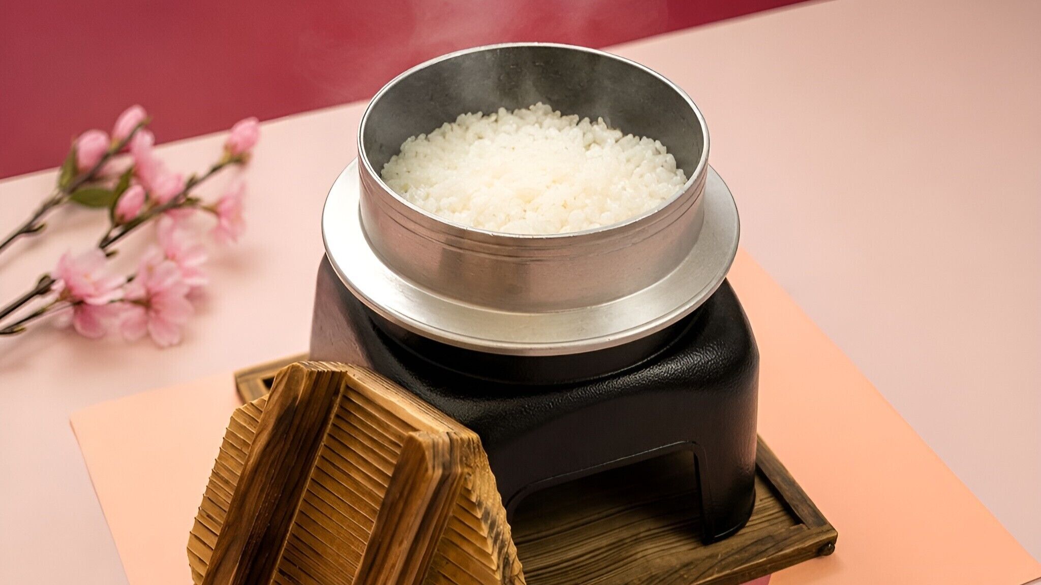 Una cocedora de arroz con arroz blanco en su interior, sobre un pedestal negro con una tapa de madera a un lado.