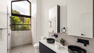 Shower, hair dryer, towels