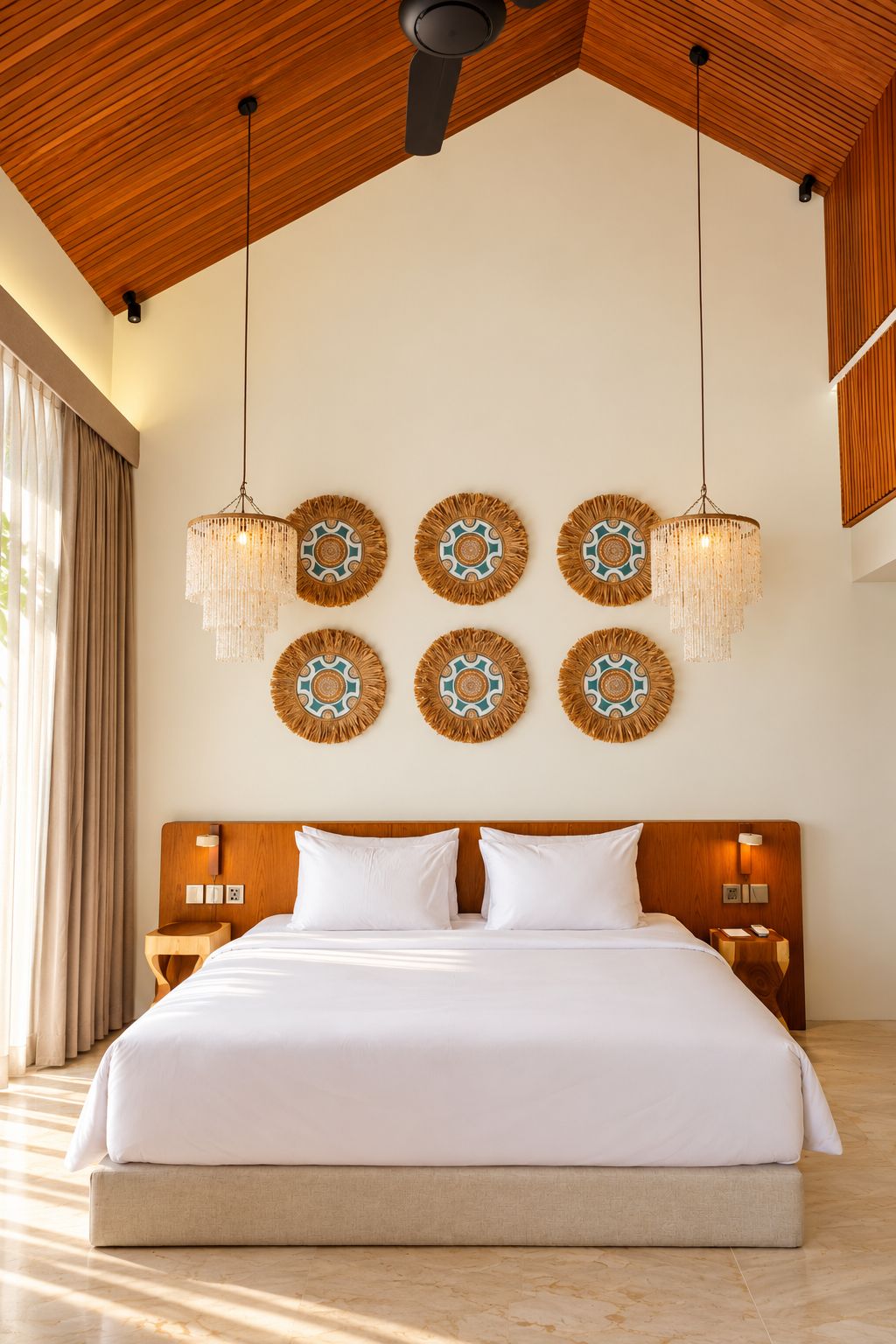 A hotel room with a large bed, wooden ceiling, and decorative wall hangings.