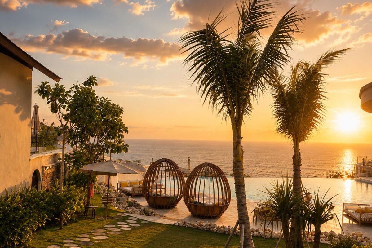 A resort with a pool, palm trees, and a sunset view.
