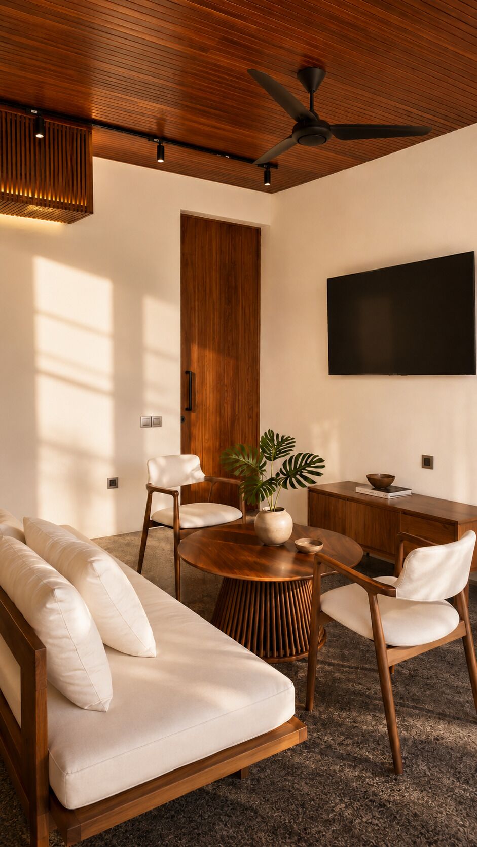 A modern living room with a sofa, chairs, a coffee table, a TV, and a ceiling fan.