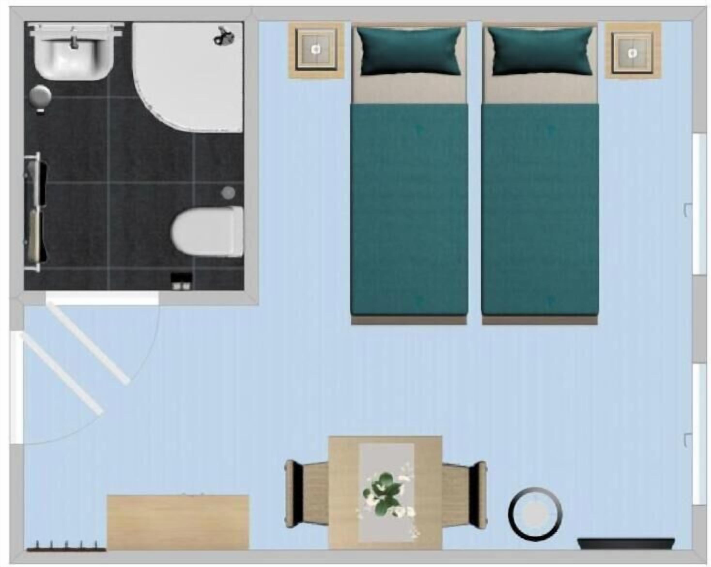 A room with a bed, bedside tables, a desk, and a chair.