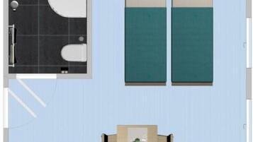 A room with a bed, bedside tables, a desk, and a chair.