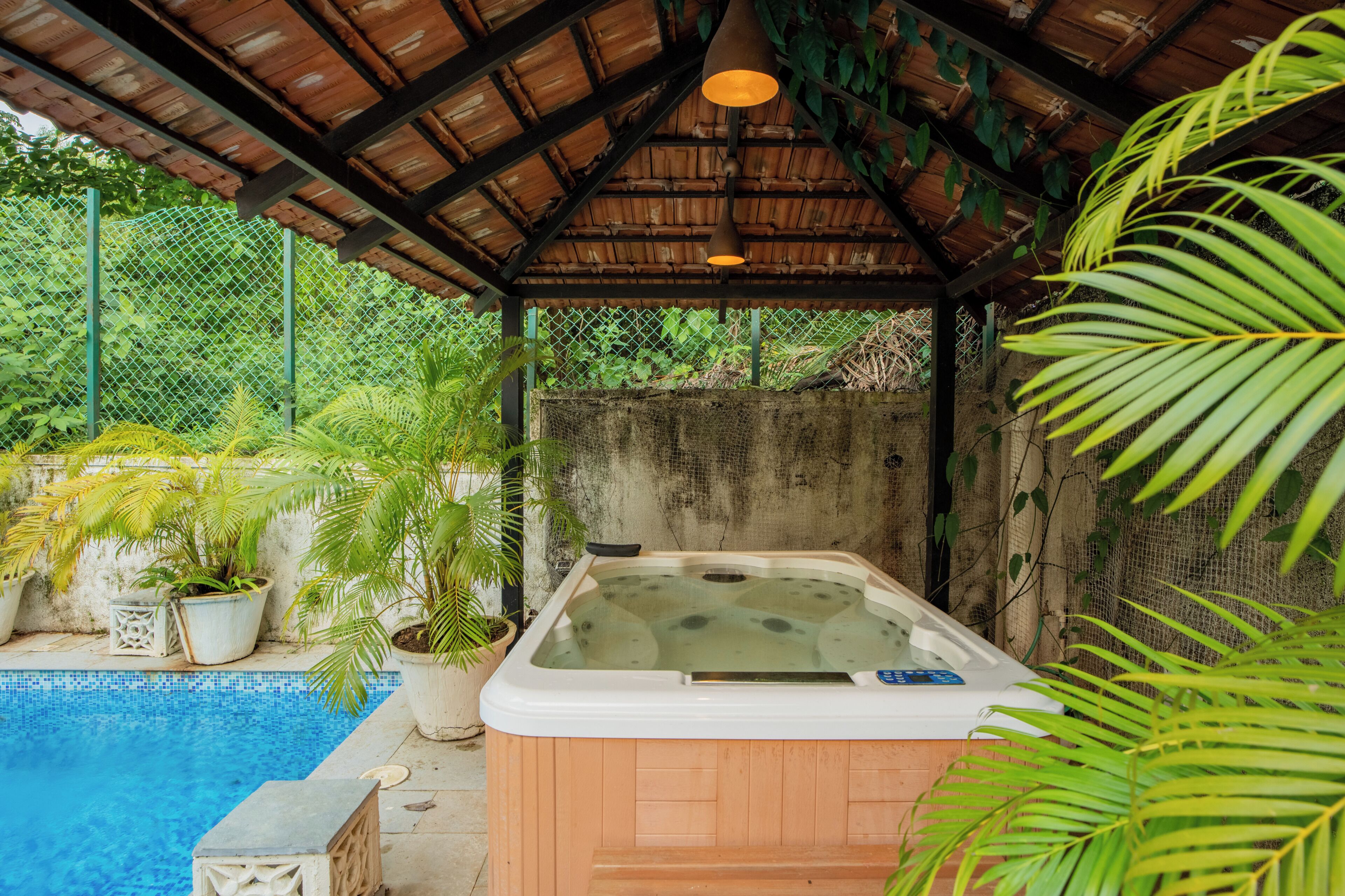 A hot tub with a wooden exterior, surrounded by potted plants and a swimming pool.