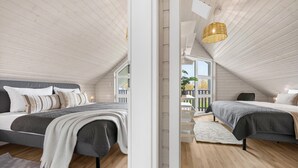 Une chambre à coucher avec un lit, des tables de chevet, une lampe et une fenêtre.