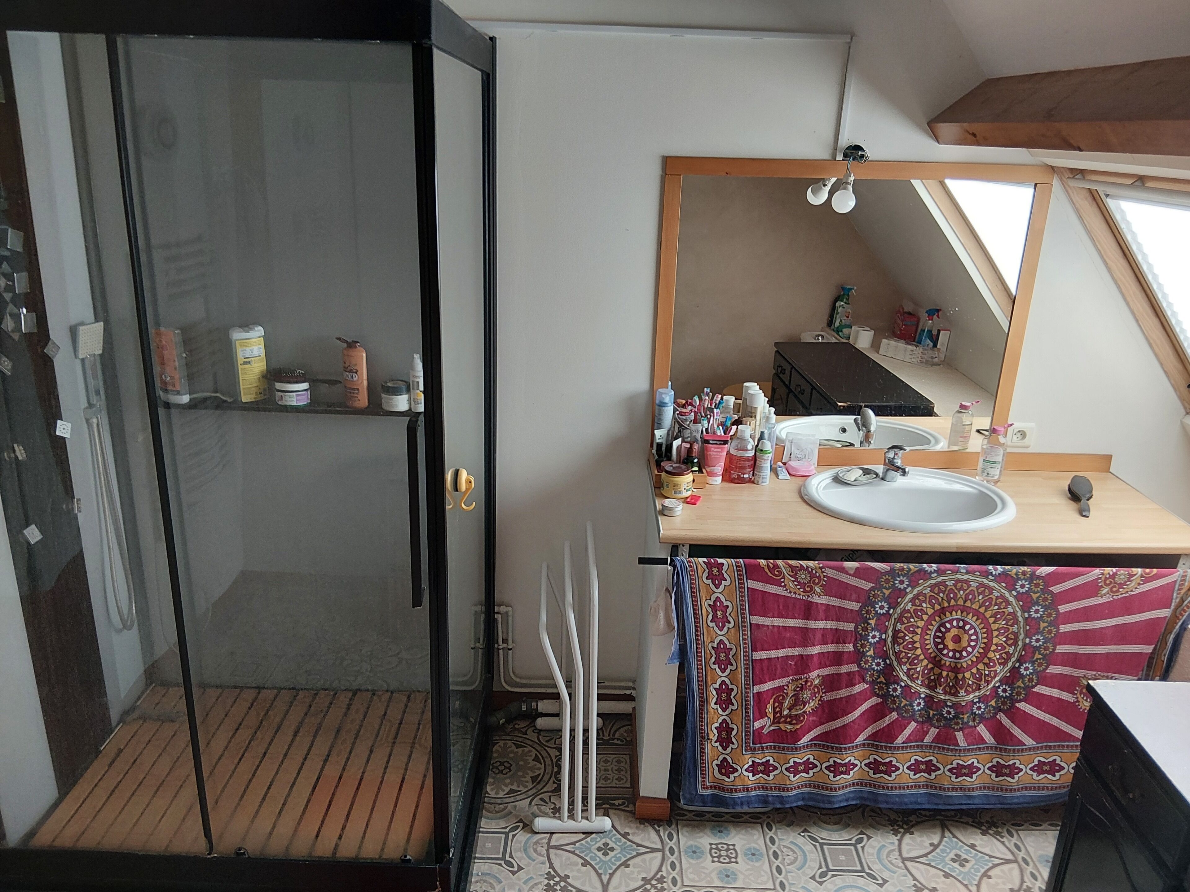 Une salle de bain avec une douche, un lavabo équipé de produits de toilette et un grand miroir.