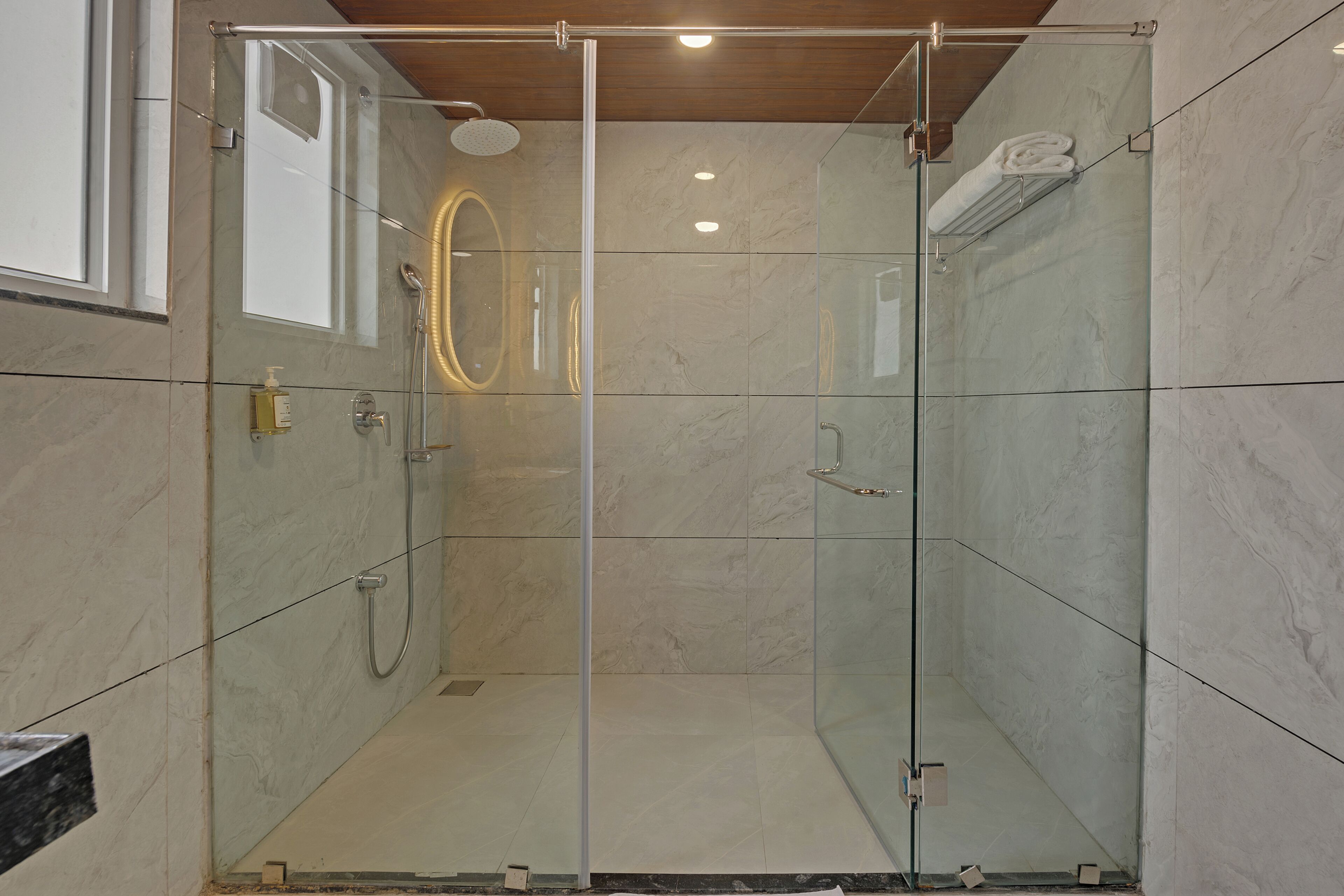 Une cabine de douche fermée par des parois en verre, dotée d’un pommeau de douche à main, d’un porte-serviettes et d’une porte en verre.