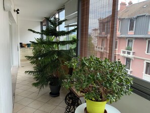 Ein Balkon mit Blumentöpfen, ein Fenster mit Jalousien und Blick auf die Nachbargebäude.
