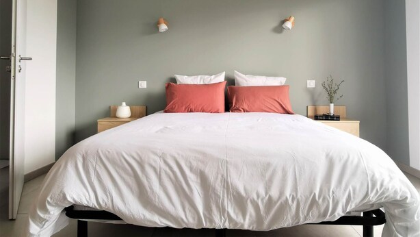 Een slaapkamer met een bed, twee nachtkastjes, een wandlamp en een klein plantje.