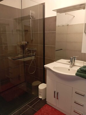 Dusche, Haartrockner, Seife, Toilettenpapier