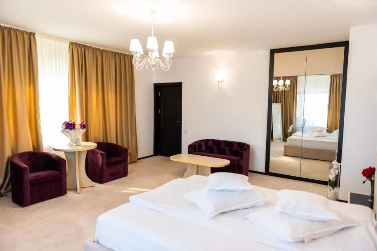 Ein Hotelzimmer mit einem Bett, zwei Stühlen, einem kleinen Tisch, einem Spiegel und einer Kristallleuchtre.