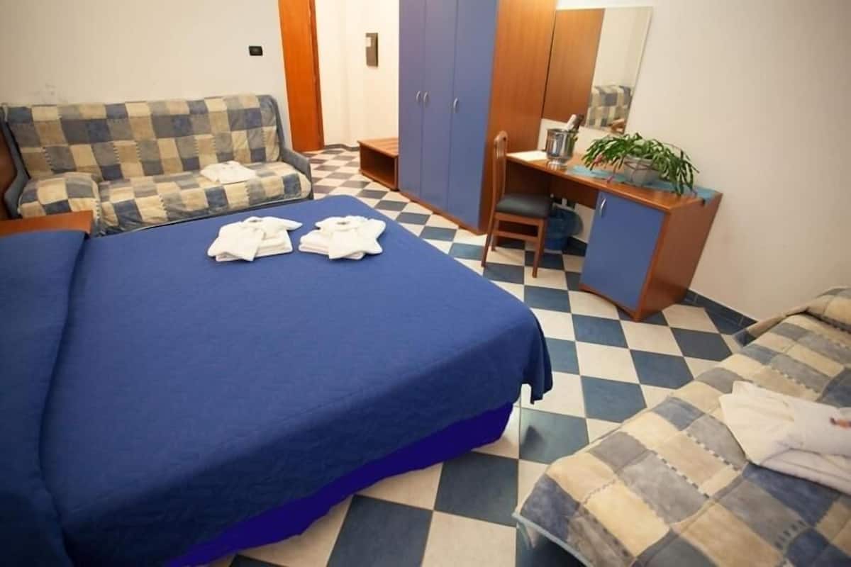 Ein Zimmer mit einem Bett, einem Schlafsofa, einem Schreibtisch und einem Kleiderschrank.