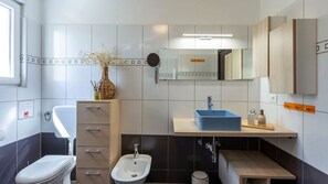 Ein modernes Badezimmer mit integriertem Bidet, Waschbecken, Spiegel und Schrank.