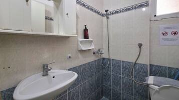 Hair dryer, towels, soap, toilet paper