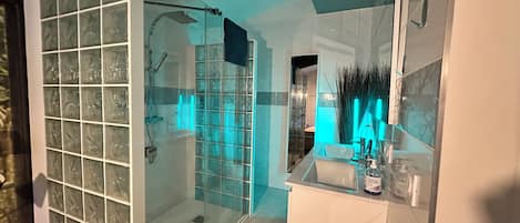 Shower, hair dryer, towels, toilet paper