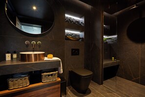 Hair dryer, towels, soap, toilet paper