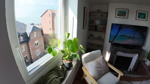 En stue med pejs, fjernsyn, bogreol og et stort vindue med udsigt til bygninger.
