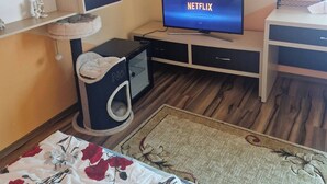 Ein Zimmer mit einem Bett, einem Schreibtisch, einem Fernseher, der 'NETFLIX' anzeigt, einer kleinen Kommode und einer Katzenspielmöglichkeit.