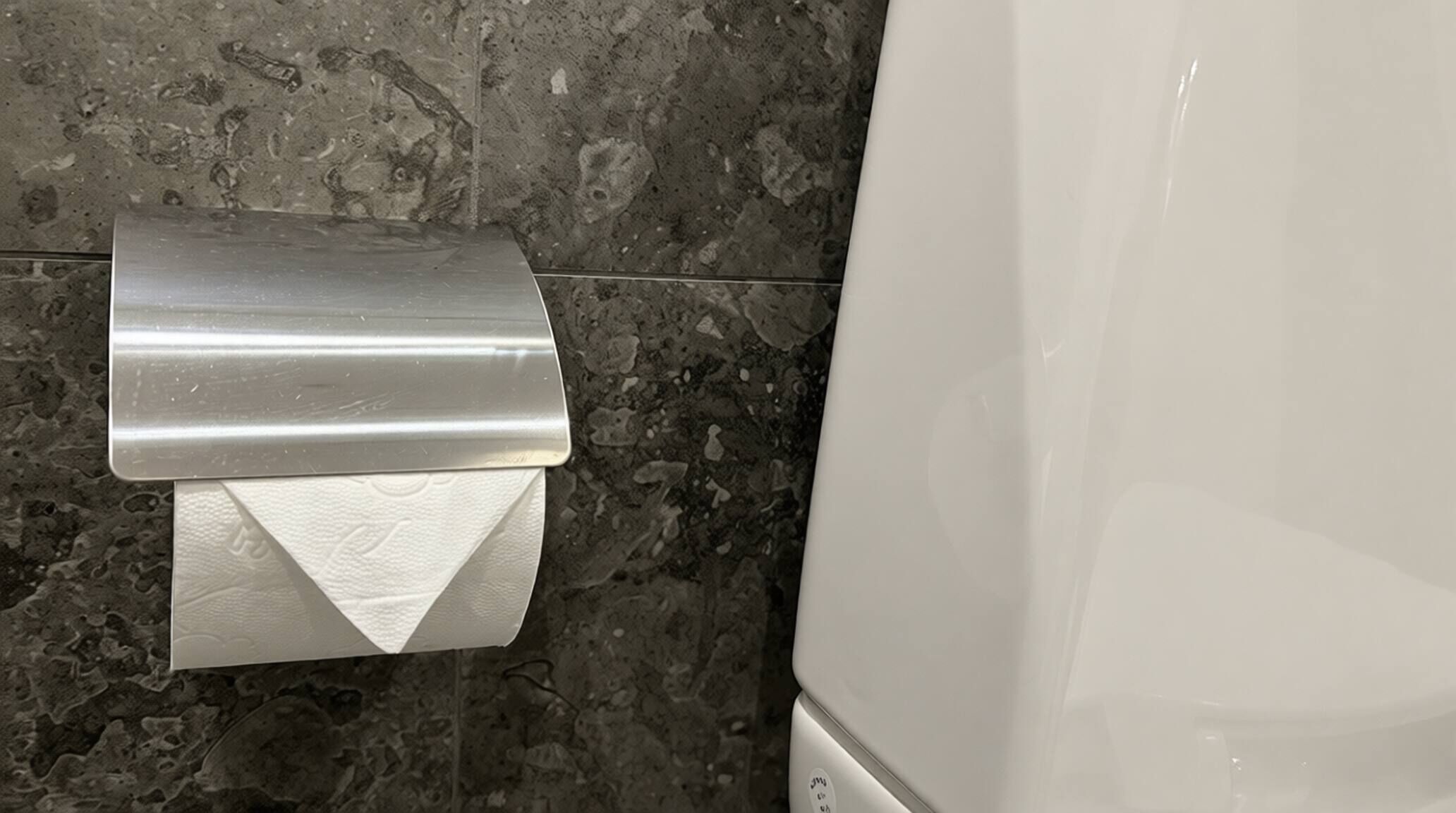 Eine Toilette mit einem Papierhandtuchspender an einer strukturierten Wand.