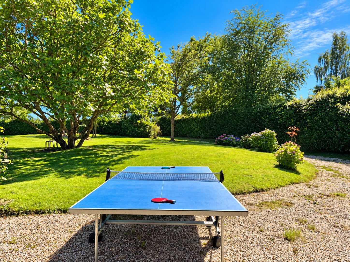 Una mesa de ping pong en un jardín con seto y árboles.