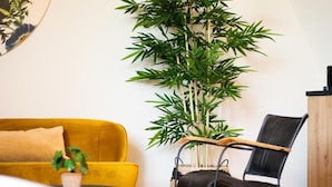 Een gele bank, een zwarte stoel, een potplant en een hoge bamboeplant in een kamer met witte wanden en een houten vloer.