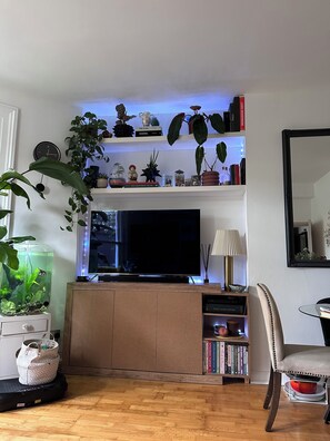 Ett vardagsrum med en platt-TV, ett träskåp, en bokhylla och en stor krukväxt.