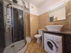 Ein Badezimmer mit Duschkabine, Toilette, Waschbecken und Waschmaschine.