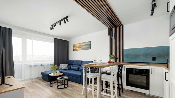 Eine moderne Wohnung mit Wohnbereich, Küche und Essplatz.
