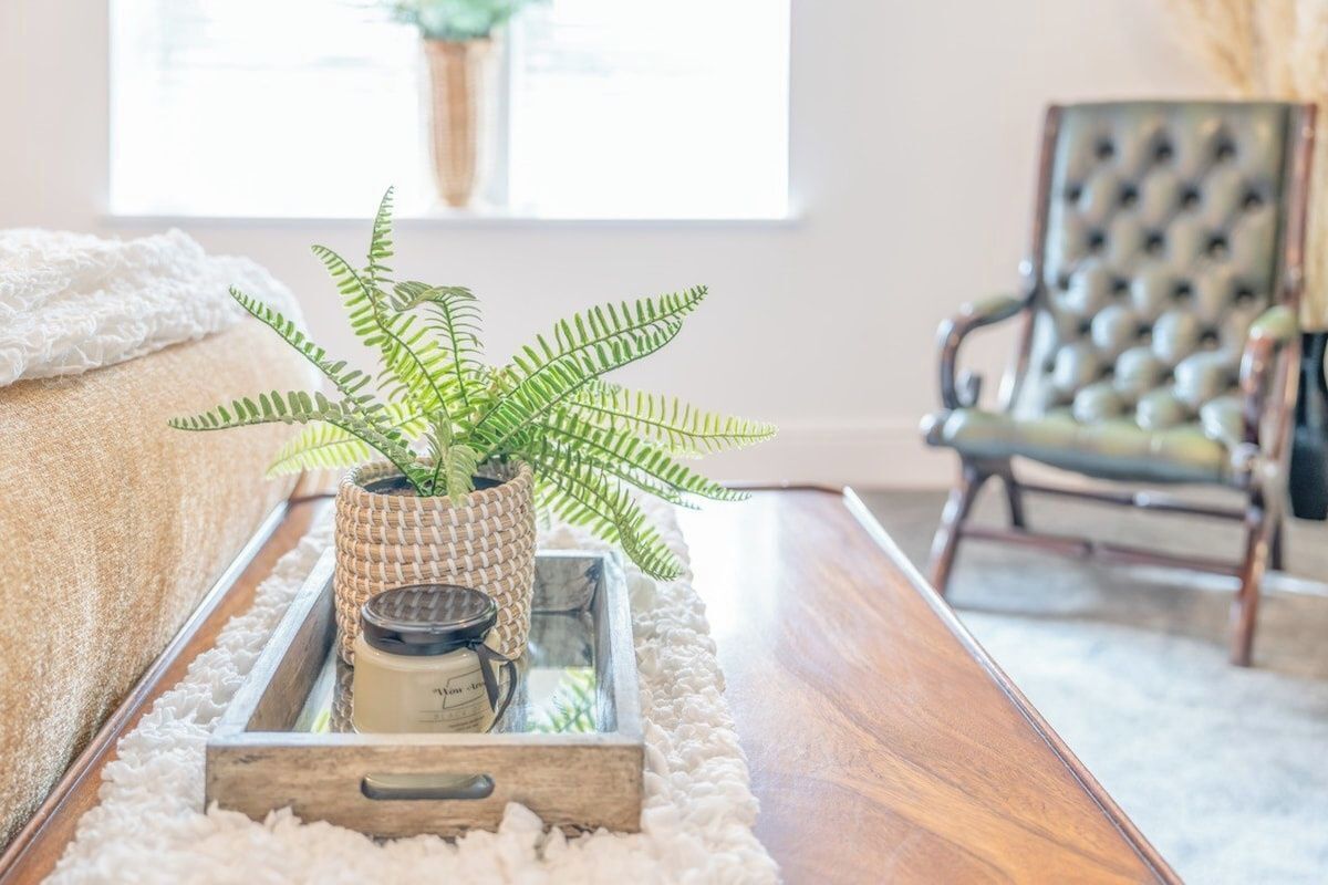 Un salon chaleureux avec une table basse en bois, une fougère en pot et un plateau décoratif avec des bougies.