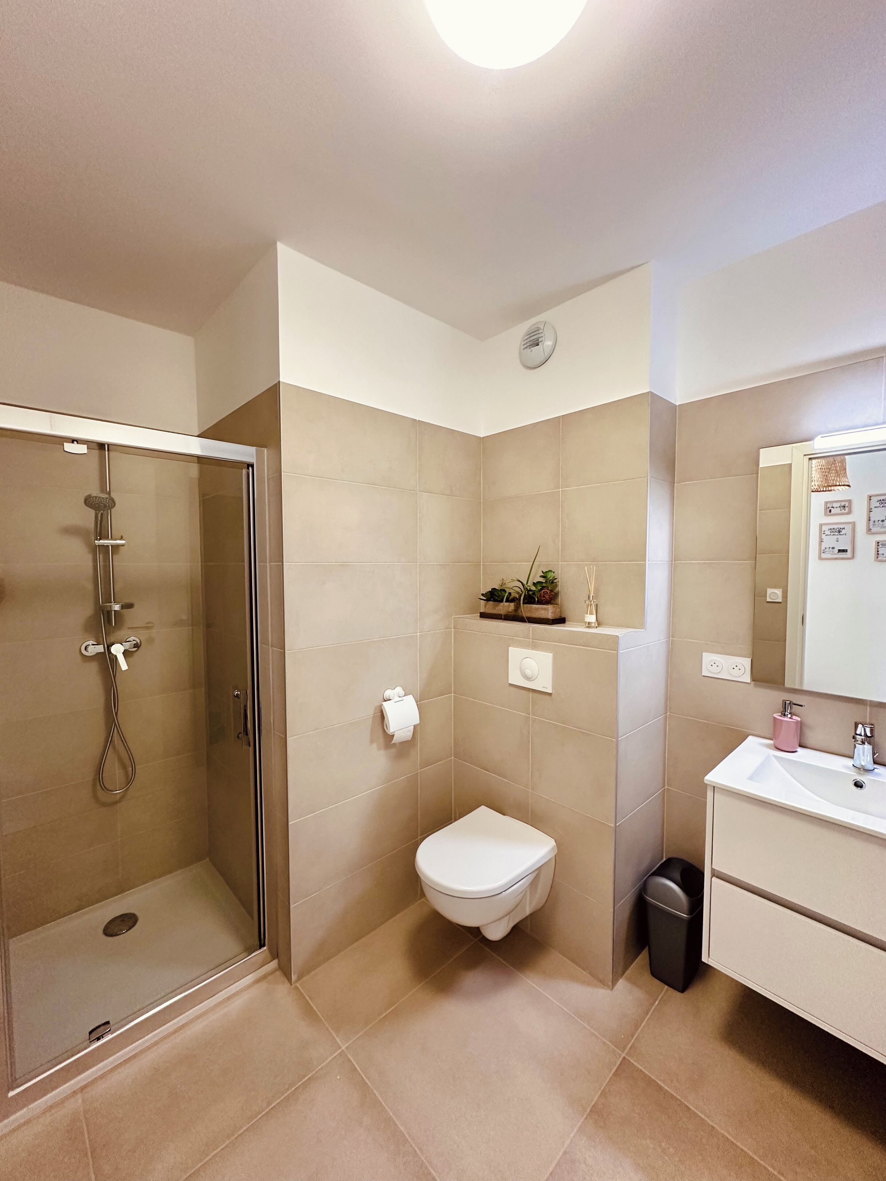 A bathroom with a glass shower enclosure, a toilet, a sink, and a mirror.