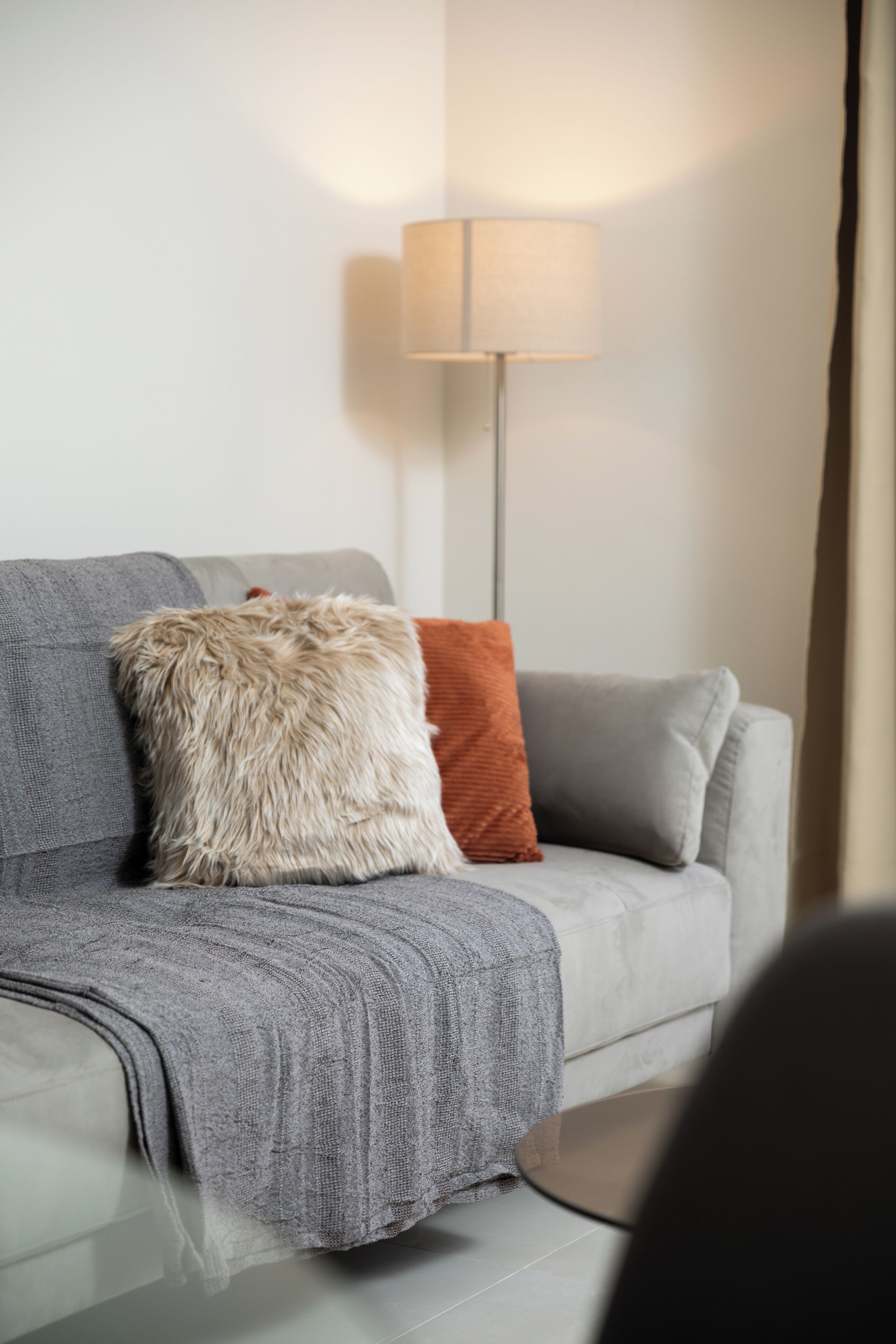 A grey sofa with a fur throw and a red pillow, a floor lamp, and a small table.