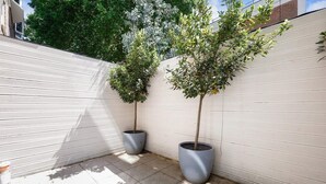 Two potted trees against a white wall in a courtyard. - 
Stylish 2-Bed Split-Level Flat in Shoreditch | Short Let (Up to 1 Month) (London)